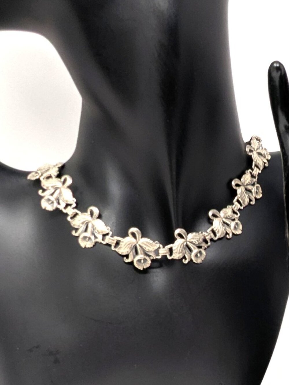 VTG 1940s Guglielmo Cini Sterling Silver Necklace Cattleya Orchids 15" Pat No.